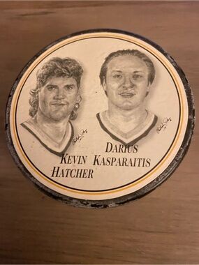 Vintage Pittsburgh Penguins Burger King photo puck Kevin Hatcher & Darius Kaspar